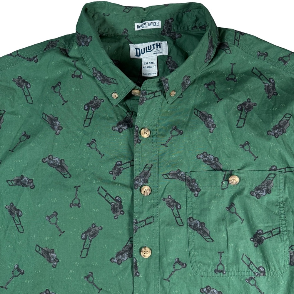 Duluth Untucked Button Down Shirt Mens 2XL Tall Green Lawn Mower Novelty Cotton